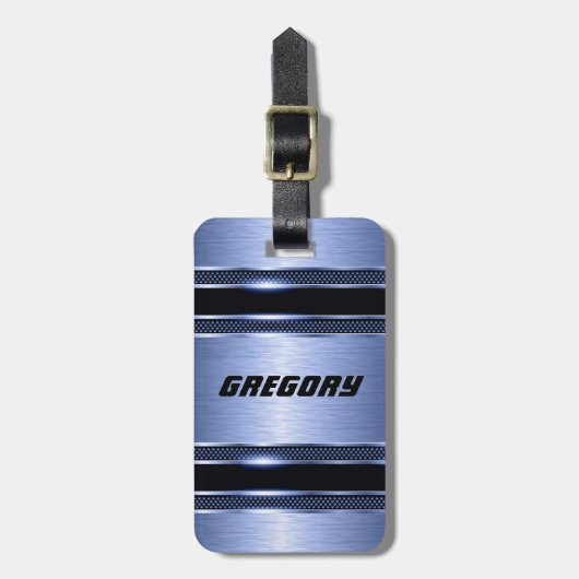 エレガントライトブルーのフェイク金属ストライプ製 ラゲッジタグ (正面縦)