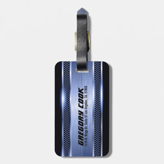 エレガントライトブルーのフェイク金属ストライプ製 ラゲッジタグ (裏面縦)