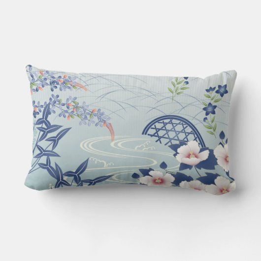 エレガントライトブルー日本のフラワーガーデン ランバークッション (裏面)