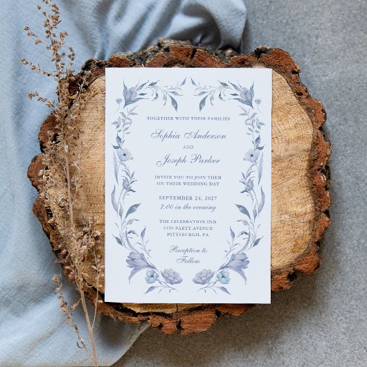 エレガントライトブルーChinoiserie結婚's 招待状