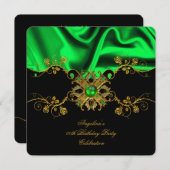 エレガントライムシルクジュエルブラック金ゴールド誕生日パーティー 招待状 (正面/裏面)