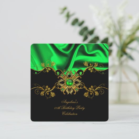 エレガントライムシルクジュエルブラック金ゴールド誕生日パーティー 招待状 (スタンド正面)