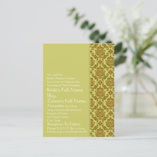 エレガントライム&金ゴールドダマスウェディング招待状 インビテーションポストカード (スタンド正面)
