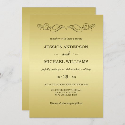 エレガントラグジュアリーゴールドオルネートウェディング 招待状 (正面/裏面)