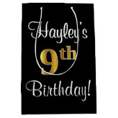 エレガントラグジュアリーフェイク金ゴールドルック9誕生日 ミディアムペーパーバッグ (正面)