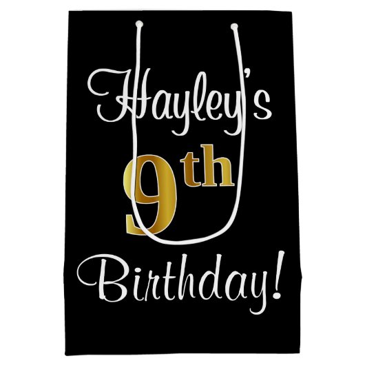 エレガントラグジュアリーフェイク金ゴールドルック9誕生日 ミディアムペーパーバッグ (裏面)