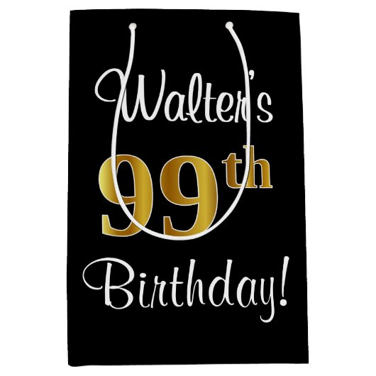 エレガントラグジュアリーフェイク金ゴールドルック99誕生日 ミディアムペーパーバッグ (正面)