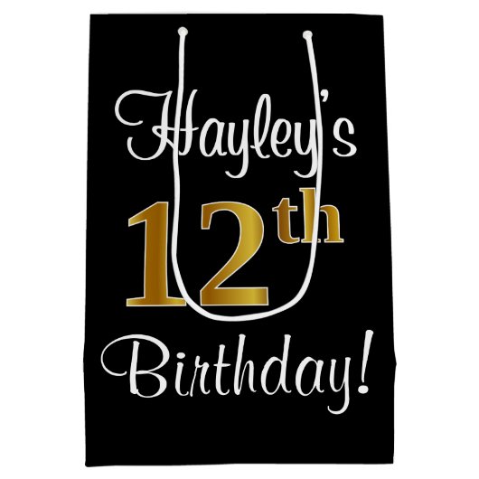 エレガントラグジュアリー、フェイク金ゴールドルック12誕生日 ミディアムペーパーバッグ (裏面)