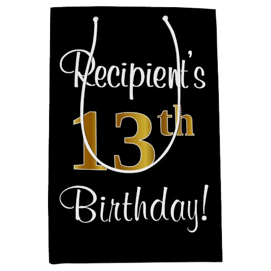 エレガントラグジュアリー、フェイク金ゴールドルック13誕生日 ミディアムペーパーバッグ (正面)