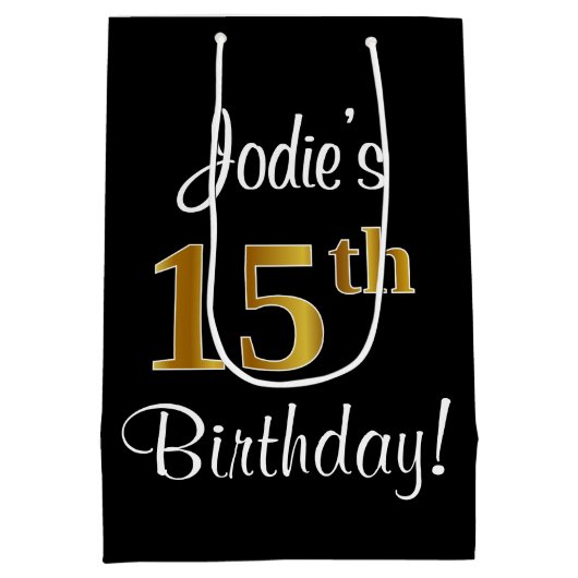 エレガントラグジュアリー、フェイク金ゴールドルック15誕生日 ミディアムペーパーバッグ (裏面)