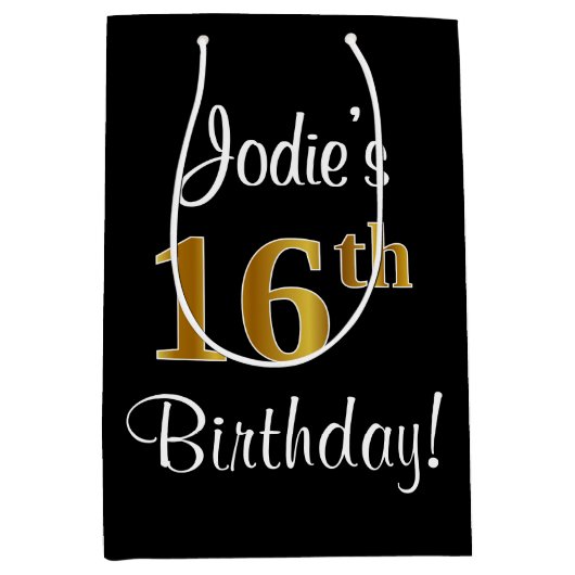 エレガントラグジュアリー、フェイク金ゴールドルック16誕生日 ミディアムペーパーバッグ (正面)