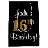 エレガントラグジュアリー、フェイク金ゴールドルック16誕生日 ミディアムペーパーバッグ (裏面)