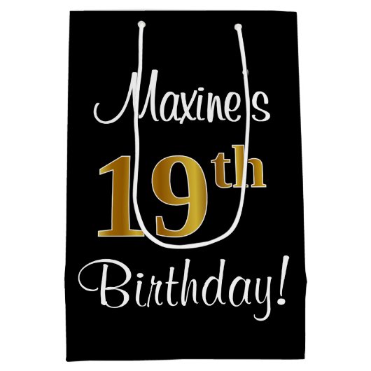 エレガントラグジュアリー、フェイク金ゴールドルック19誕生日 ミディアムペーパーバッグ (裏面)