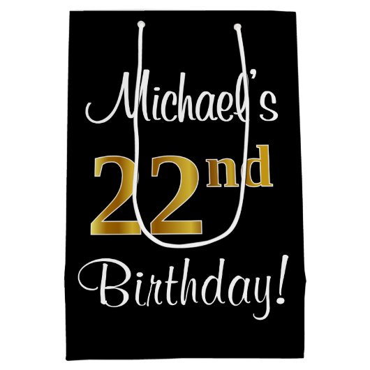 エレガントラグジュアリー、フェイク金ゴールドルック22誕生日 ミディアムペーパーバッグ (裏面)