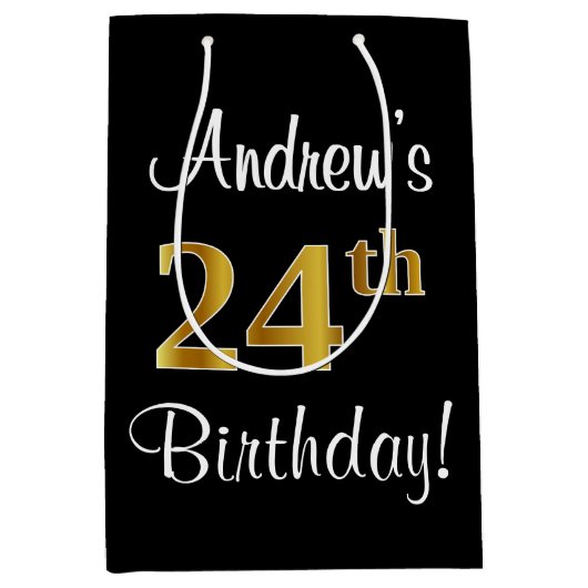 エレガントラグジュアリー、フェイク金ゴールドルック24誕生日 ミディアムペーパーバッグ (正面)