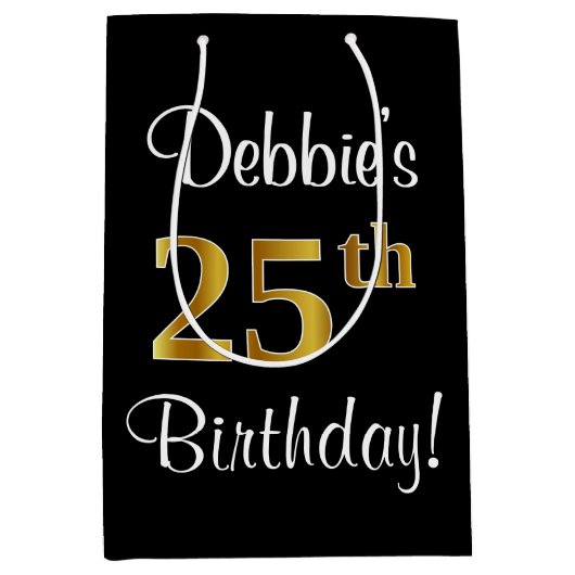 エレガントラグジュアリー、フェイク金ゴールドルック25誕生日 ミディアムペーパーバッグ (正面)