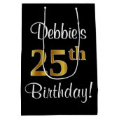 エレガントラグジュアリー、フェイク金ゴールドルック25誕生日 ミディアムペーパーバッグ (裏面)