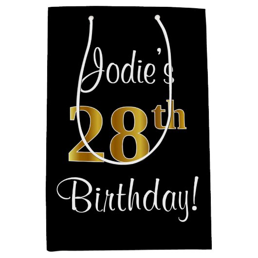 エレガントラグジュアリー、フェイク金ゴールドルック28誕生日 ミディアムペーパーバッグ (正面)