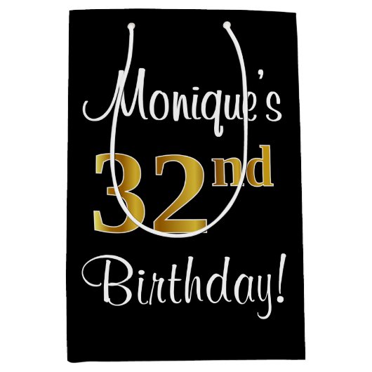 エレガントラグジュアリー、フェイク金ゴールドルック32番目の誕生日 ミディアムペーパーバッグ (正面)