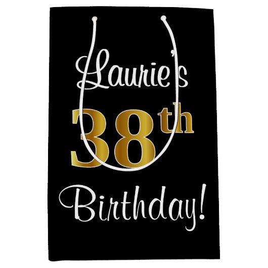 エレガントラグジュアリー、フェイク金ゴールドルック38誕生日 ミディアムペーパーバッグ (正面)