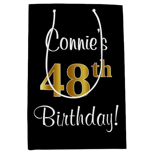 エレガントラグジュアリー、フェイク金ゴールドルック48誕生日 ミディアムペーパーバッグ (正面)