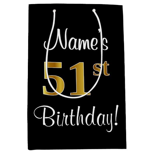 エレガントラグジュアリー、フェイク金ゴールドルック51番目の誕生日 ミディアムペーパーバッグ (正面)