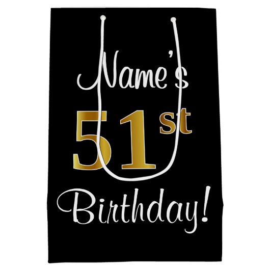 エレガントラグジュアリー、フェイク金ゴールドルック51番目の誕生日 ミディアムペーパーバッグ (裏面)