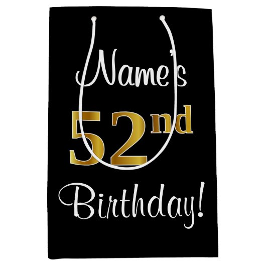 エレガントラグジュアリー、フェイク金ゴールドルック52番目の誕生日 ミディアムペーパーバッグ (正面)