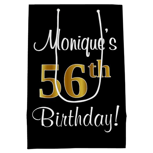 エレガントラグジュアリー、フェイク金ゴールドルック56誕生日 ミディアムペーパーバッグ (裏面)