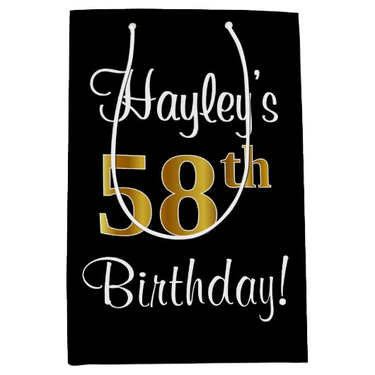 エレガントラグジュアリー、フェイク金ゴールドルック58誕生日 ミディアムペーパーバッグ (正面)