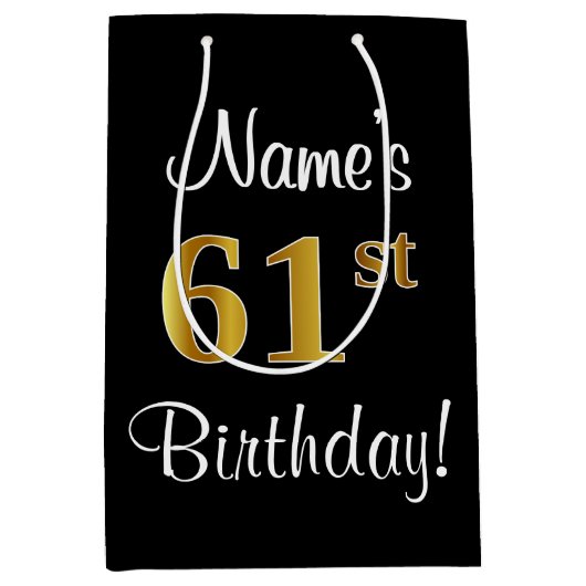 エレガントラグジュアリー、フェイク金ゴールドルック61st誕生日 ミディアムペーパーバッグ (正面)