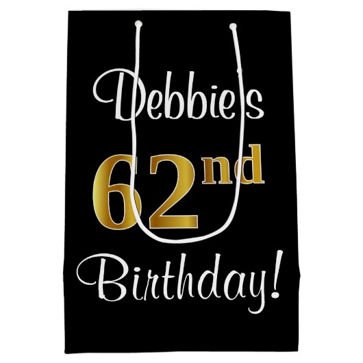 エレガントラグジュアリー、フェイク金ゴールドルック62番目の誕生日 ミディアムペーパーバッグ (裏面)