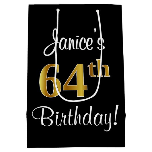 エレガントラグジュアリー、フェイク金ゴールドルック64th誕生日 ミディアムペーパーバッグ (裏面)