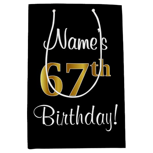 エレガントラグジュアリー、フェイク金ゴールドルック67th誕生日 ミディアムペーパーバッグ (正面)