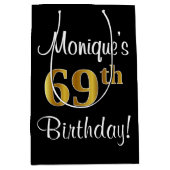 エレガントラグジュアリー、フェイク金ゴールドルック69誕生日 ミディアムペーパーバッグ (正面)