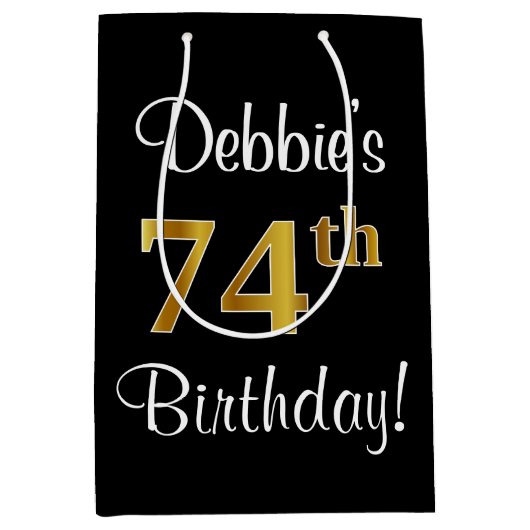 エレガントラグジュアリー、フェイク金ゴールドルック74th誕生日 ミディアムペーパーバッグ (正面)