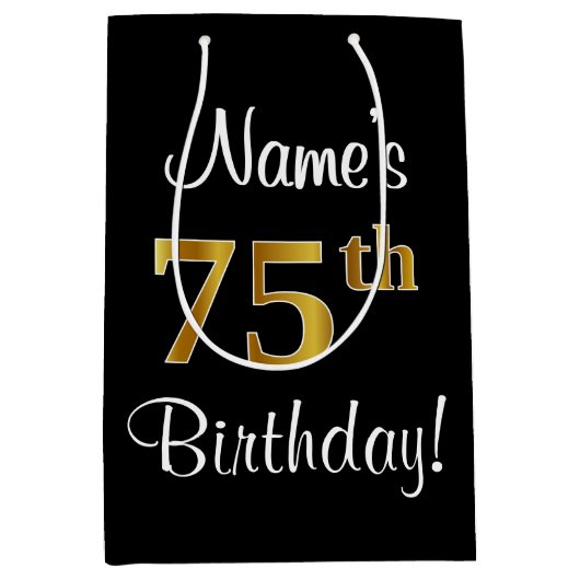 エレガントラグジュアリー、フェイク金ゴールドルック75誕生日 ミディアムペーパーバッグ (正面)