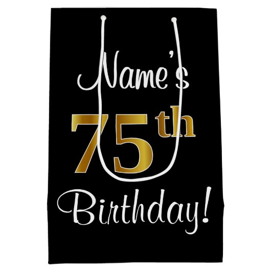 エレガントラグジュアリー、フェイク金ゴールドルック75誕生日 ミディアムペーパーバッグ (裏面)