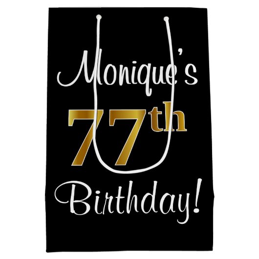 エレガントラグジュアリー、フェイク金ゴールドルック77誕生日 ミディアムペーパーバッグ (裏面)