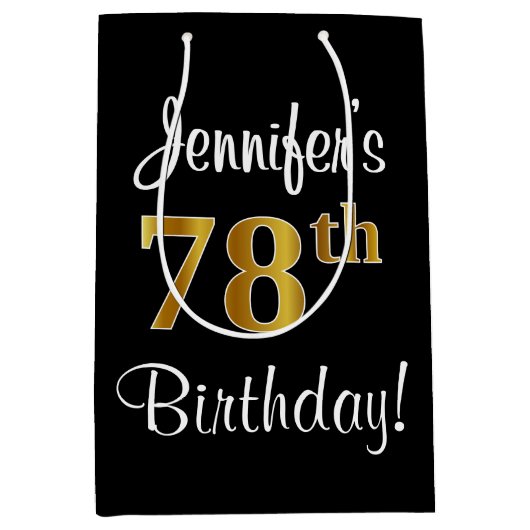 エレガントラグジュアリー、フェイク金ゴールドルック78誕生日 ミディアムペーパーバッグ (正面)