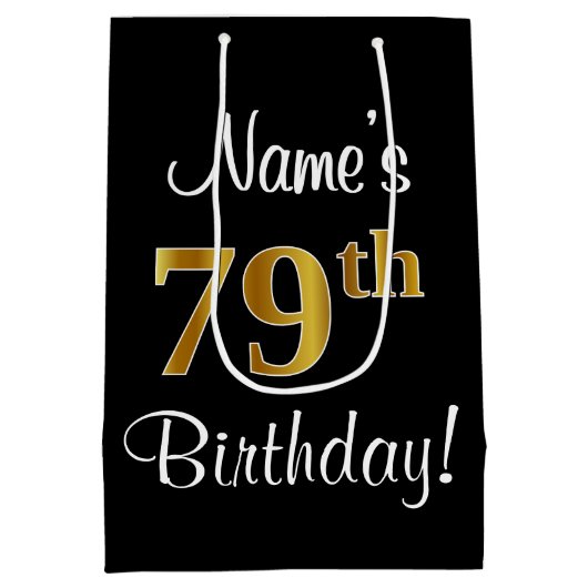 エレガントラグジュアリー、フェイク金ゴールドルック79誕生日 ミディアムペーパーバッグ (裏面)