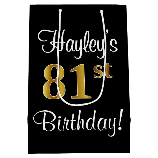 エレガントラグジュアリー、フェイク金ゴールドルック81st誕生日 ミディアムペーパーバッグ (裏面)