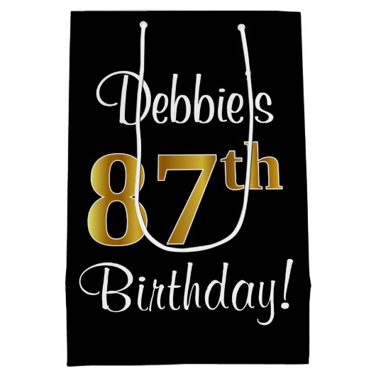 エレガントラグジュアリー、フェイク金ゴールドルック87th誕生日 ミディアムペーパーバッグ (裏面)