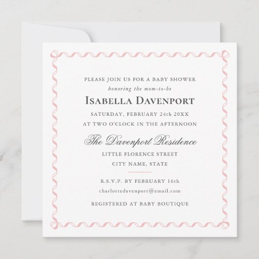 エレガントリボン赤ちゃんシャワーストライプピンクスクエア 招待状 (正面)
