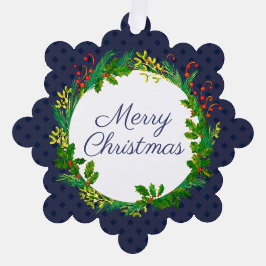 エレガントリースモダンネイビーブルー名クリスマス追加 オーナメントカード (正面)