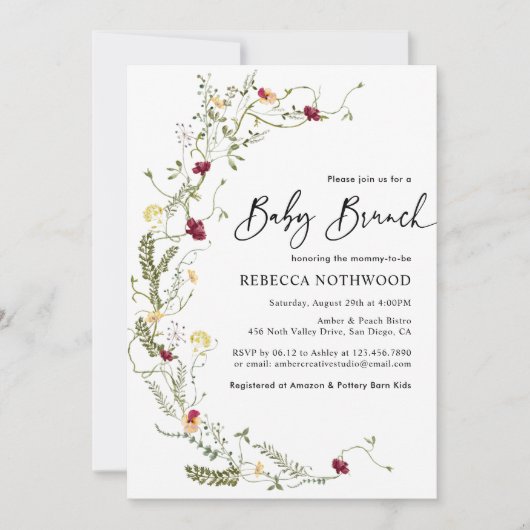 エレガントリース素朴ワイルドフラワーベビーブランチ 招待状 (正面)