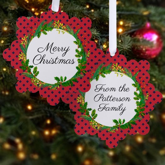 エレガントリース赤モダン名クリスマスを追加 オーナメントカード