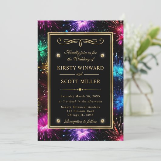 エレガントレインボーFireworks金ゴールドフレ結婚ーム 招待状 (スタンド正面)