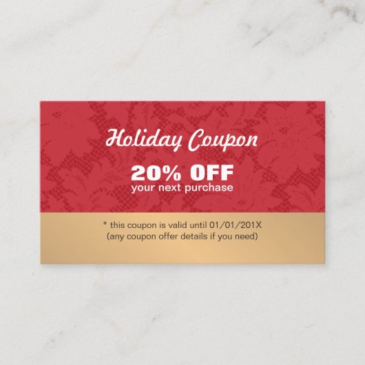 エレガントレッドスタイリッシュレース金ゴールドホリデークーポン 割引カード (正面)