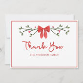 エレガントレッドボウパーソナライズされたファミリークリスマス サンキューカード (正面)